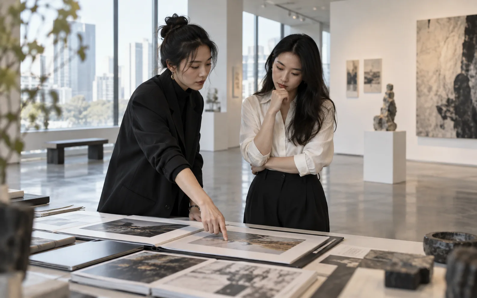 专题情境配图：两位东亚女性在现代展厅讨论作品的情境示意