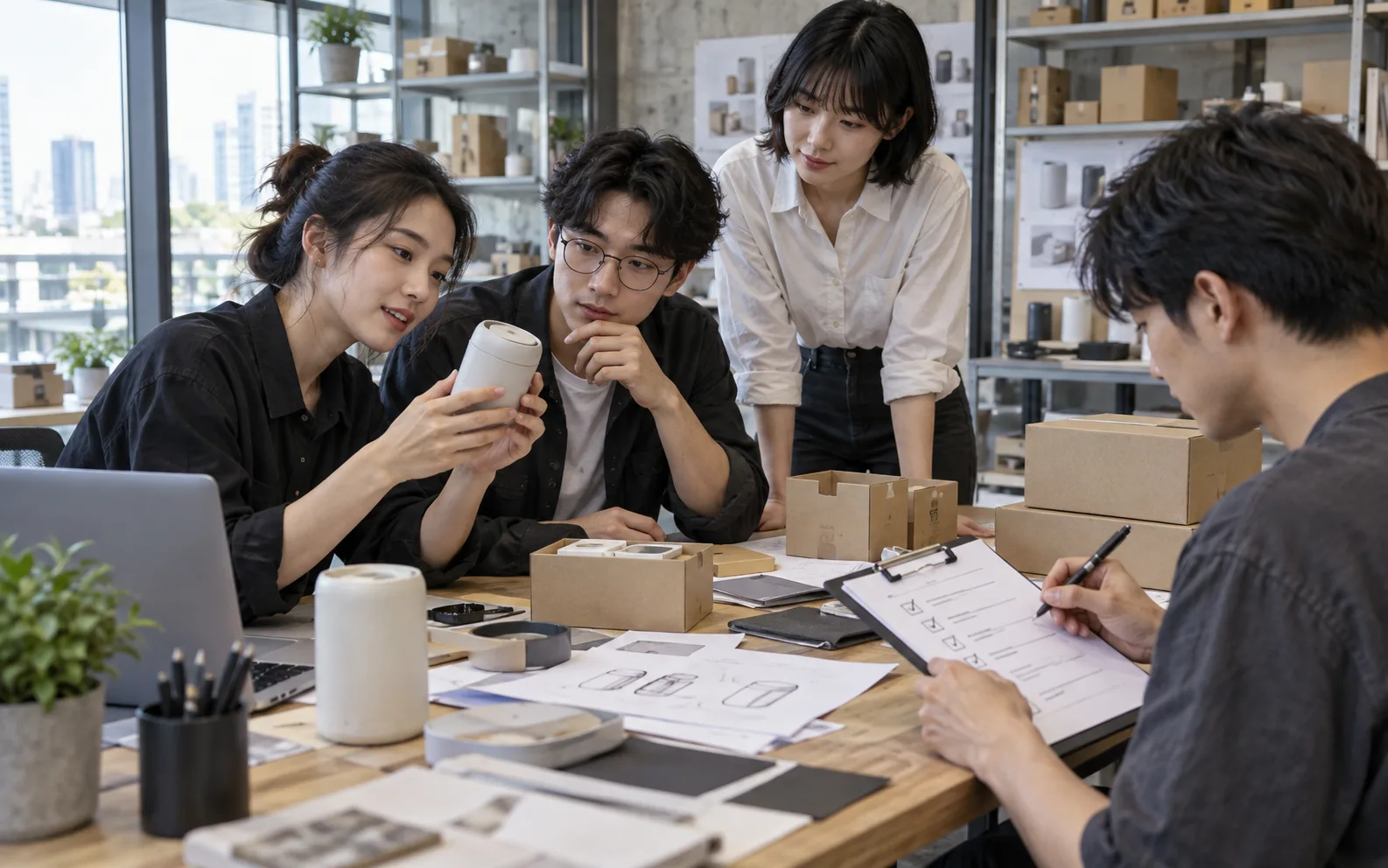 专题情境配图：东亚青年团队在现代产品工作室核对样品与交付清单的情境示意