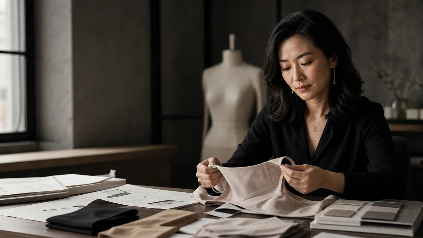 一位女性服饰创业者在工作室检查样衣与面料