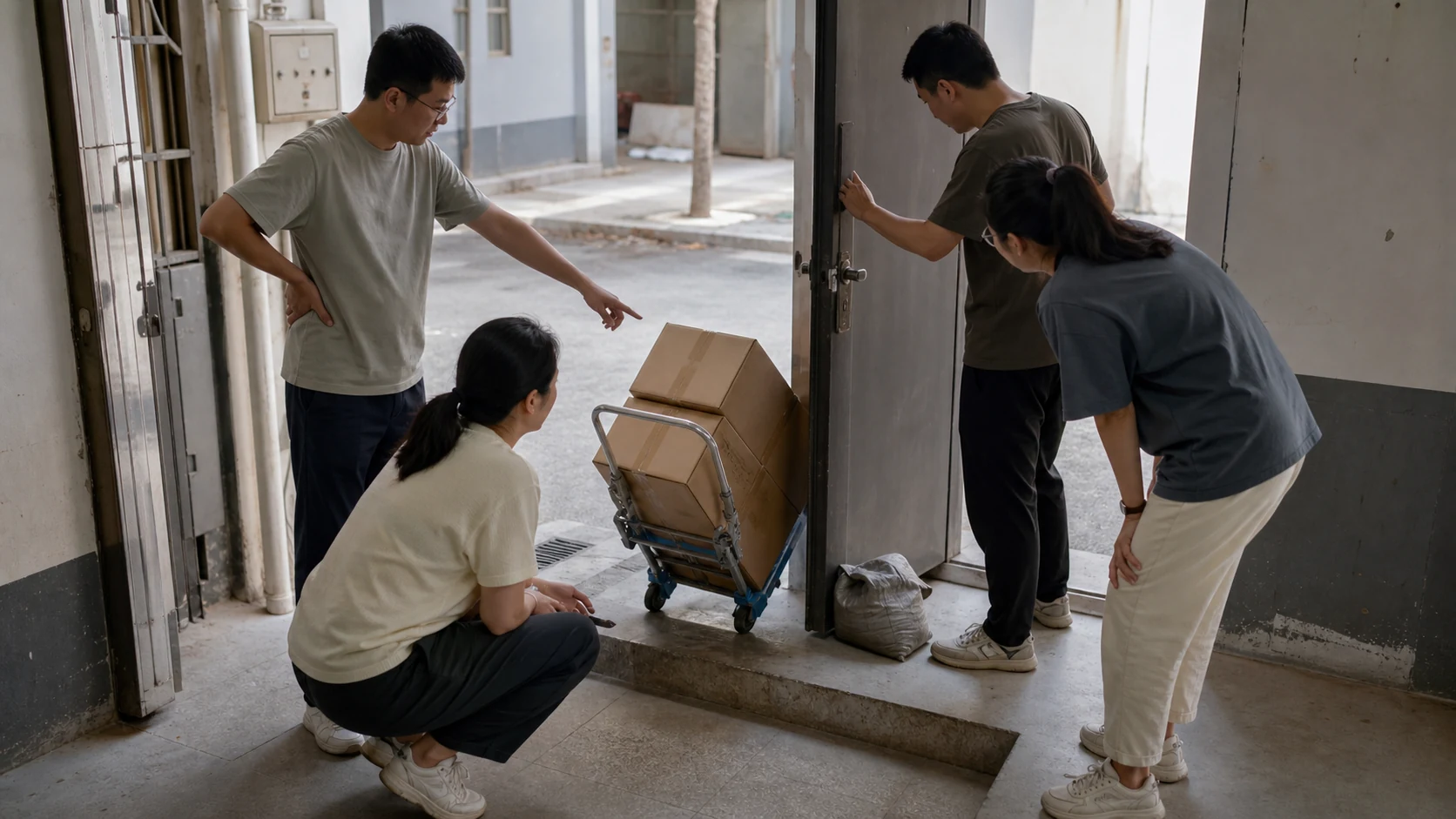 几位参与者在共享入口观察手推车通过门槛时的现有绕行方式