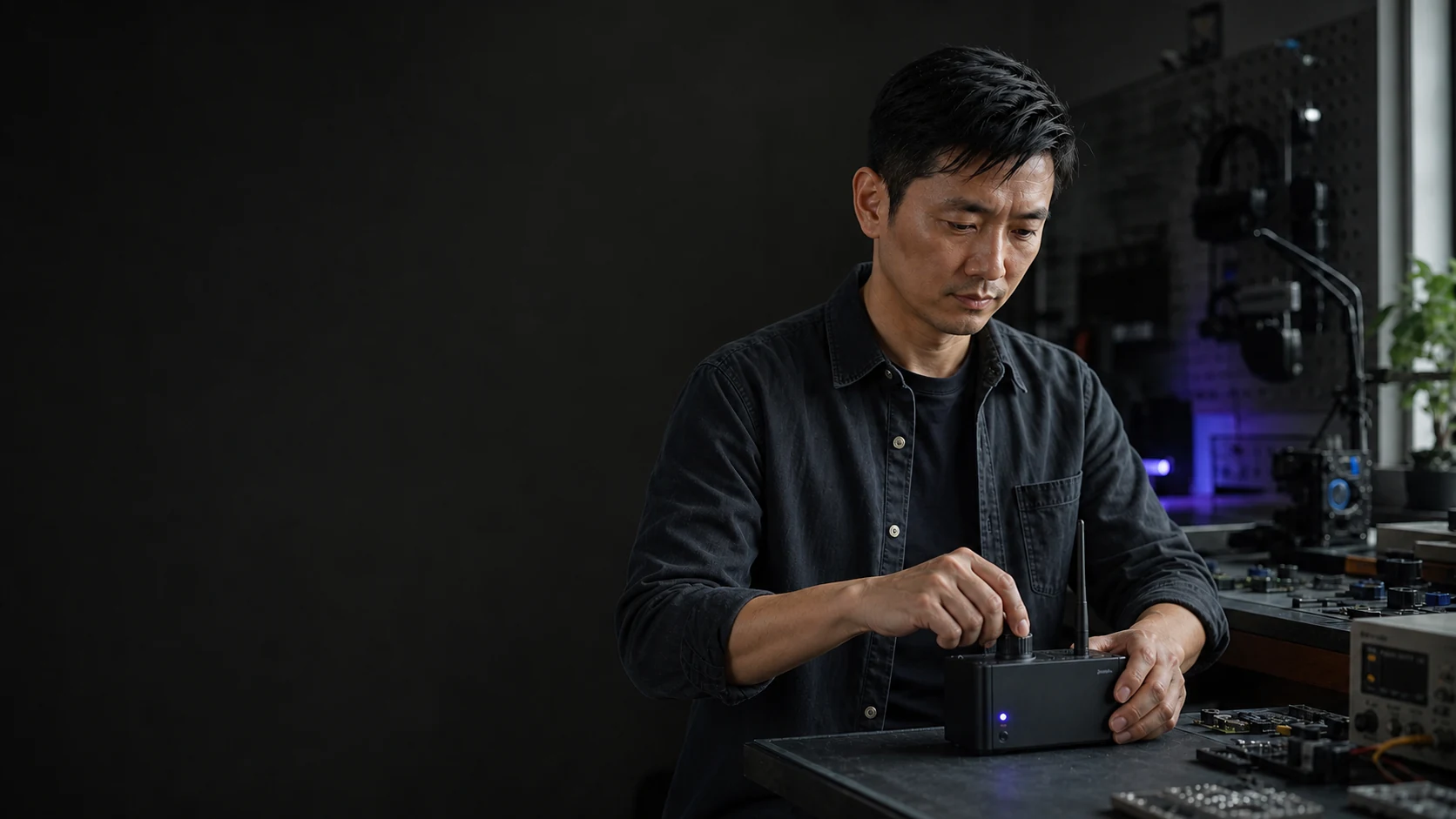 陈砚在科技原型实验室双手调试设备的实体开关