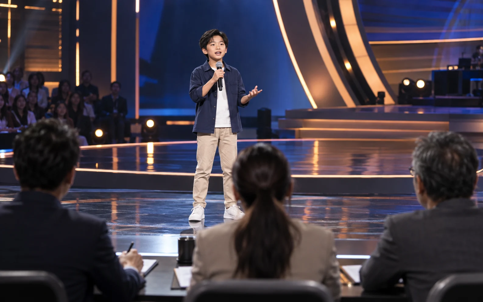 孩子在现代演说舞台上发言、导师在台下观看的栏目概念场景