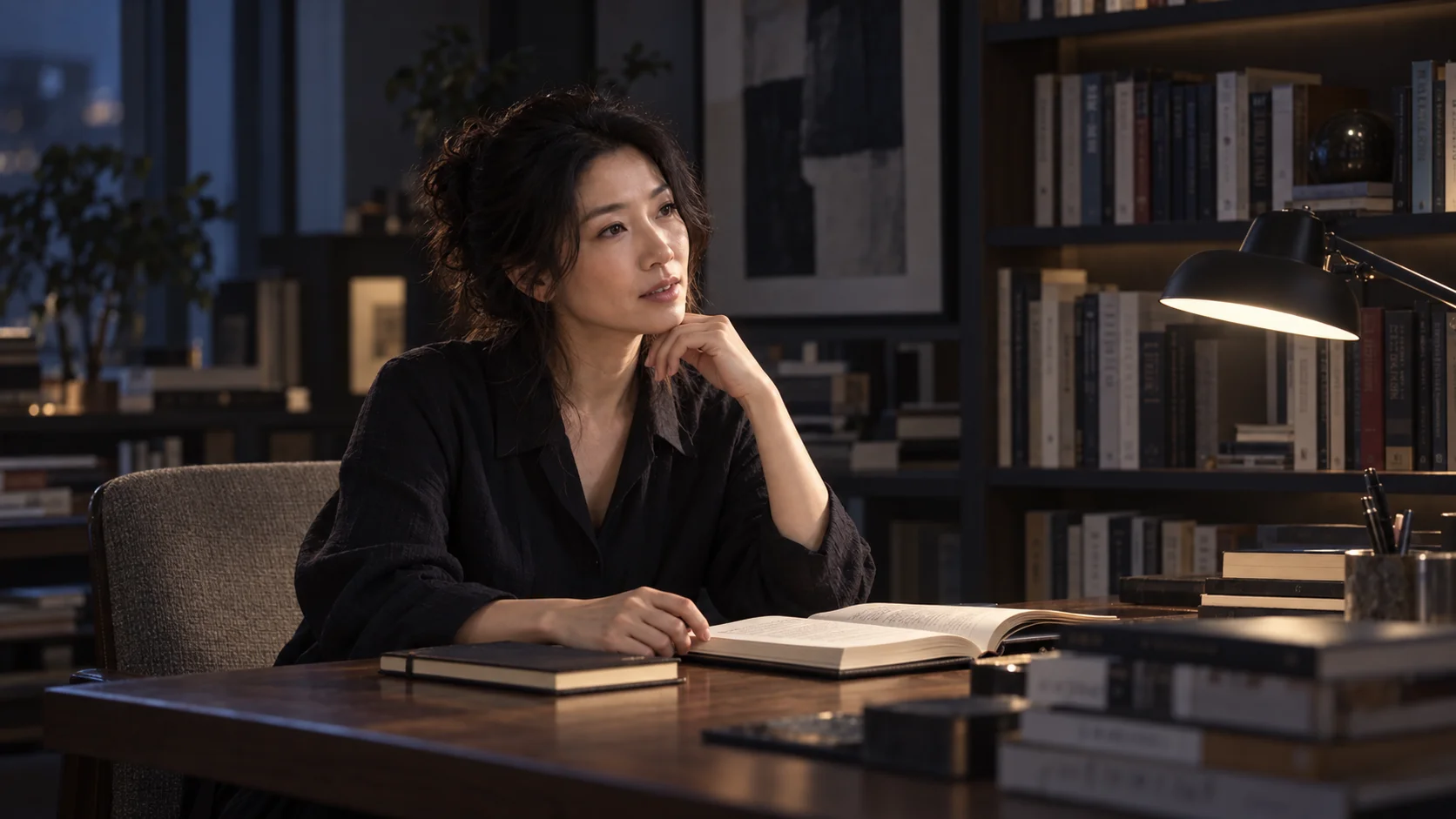 女性在现代书房接受镜头外访谈的栏目概念图