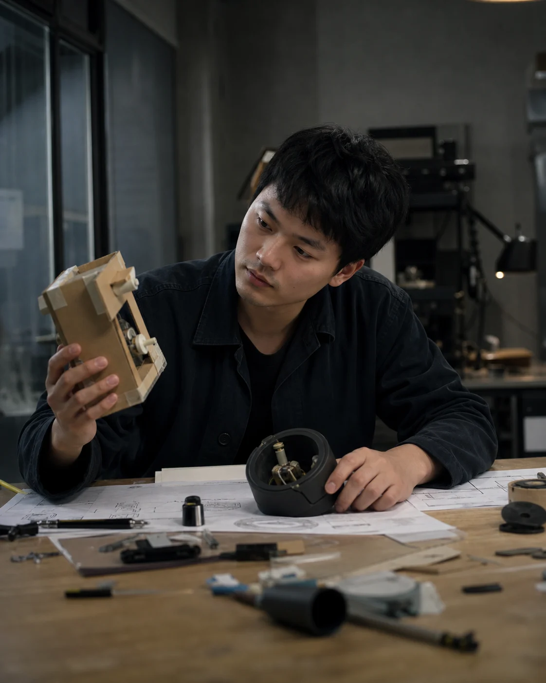 青年工程师在工作台检查纸板原型
