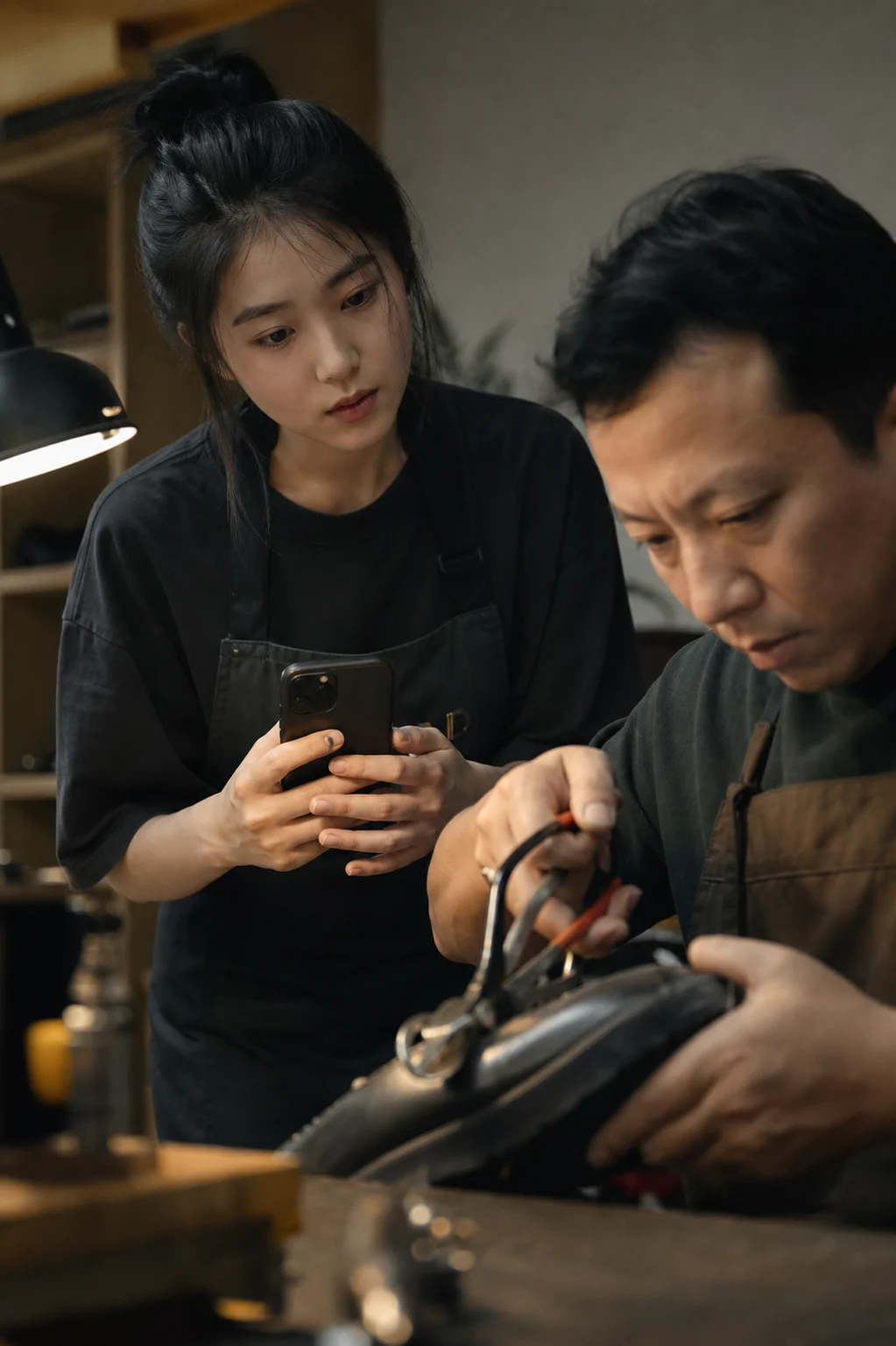 青年在社区服务工作台观察工具使用