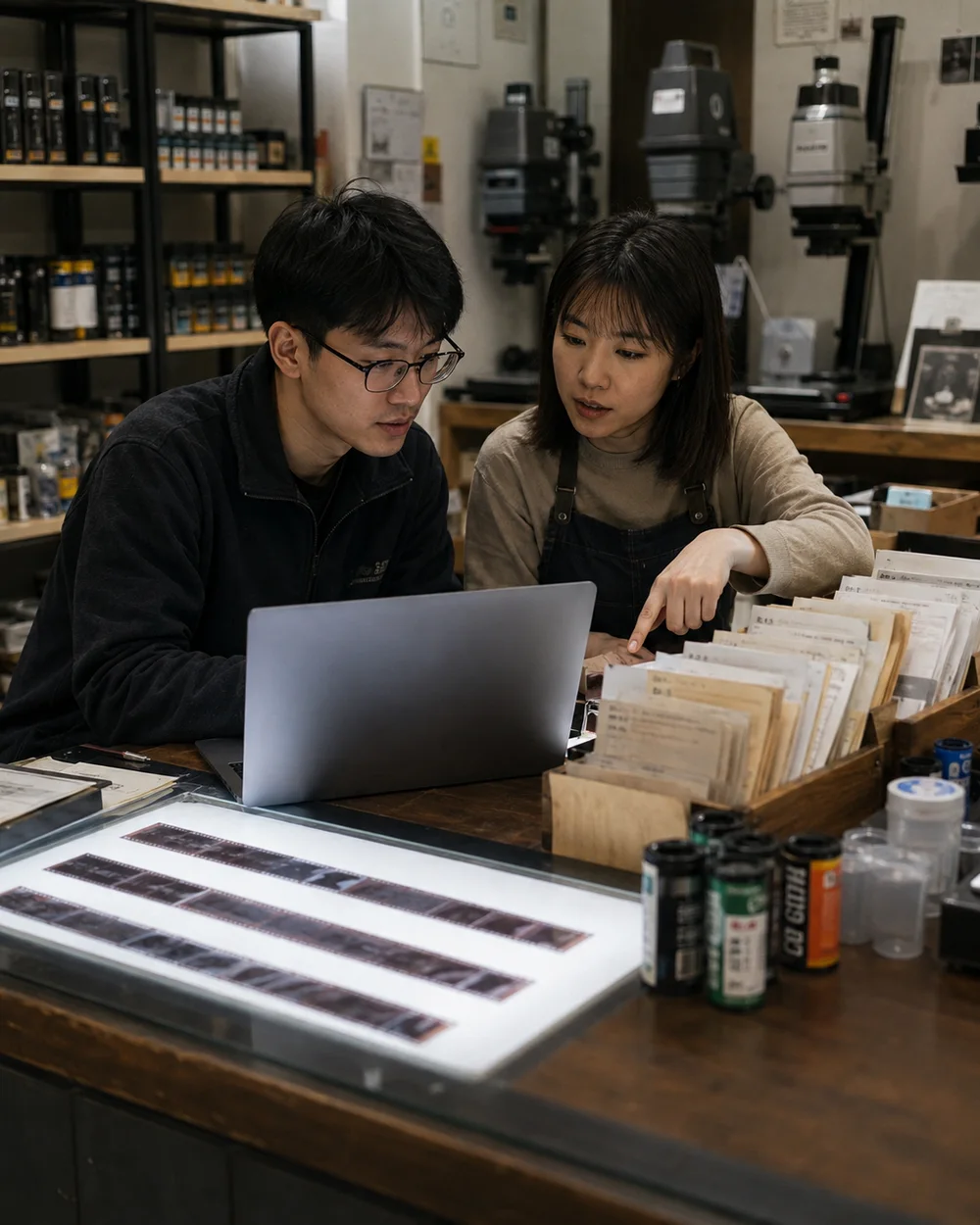 场景示意：开发者与店员共同检查电脑中的业务工具