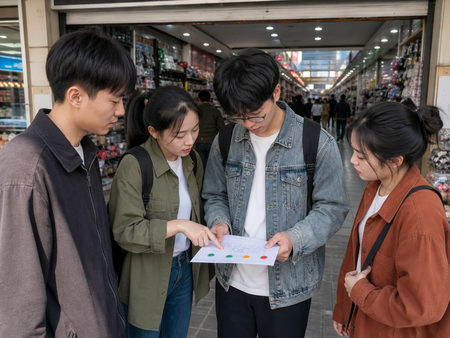 四位青年在市场入口核对行动路线和分工