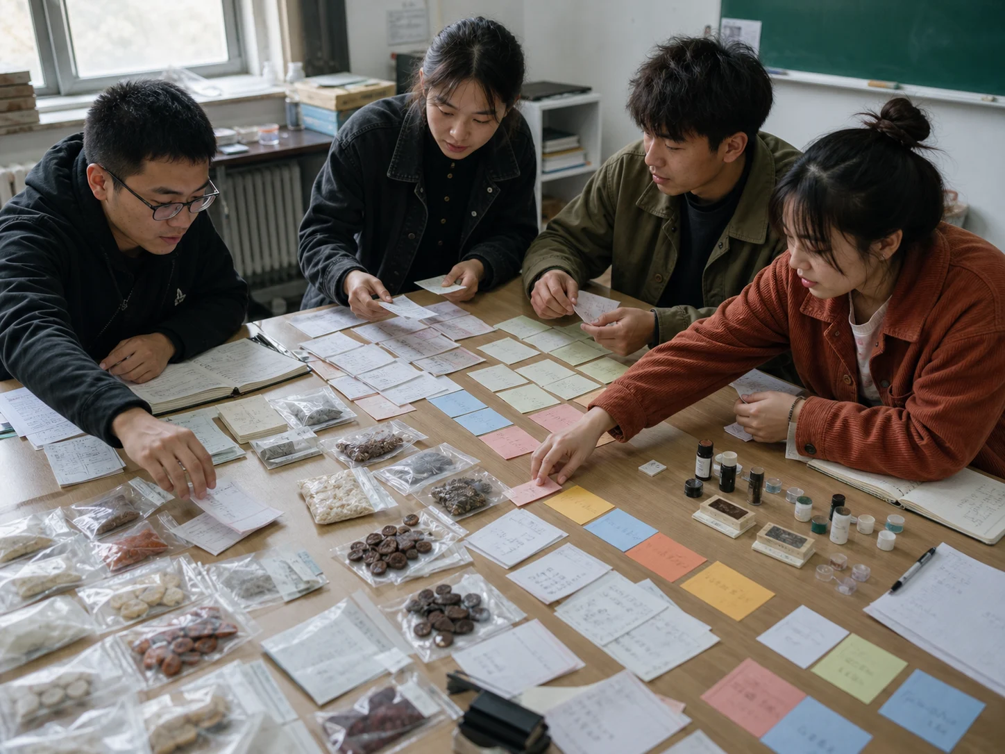 青年团队在桌面上归类现场记录、样品和反馈卡