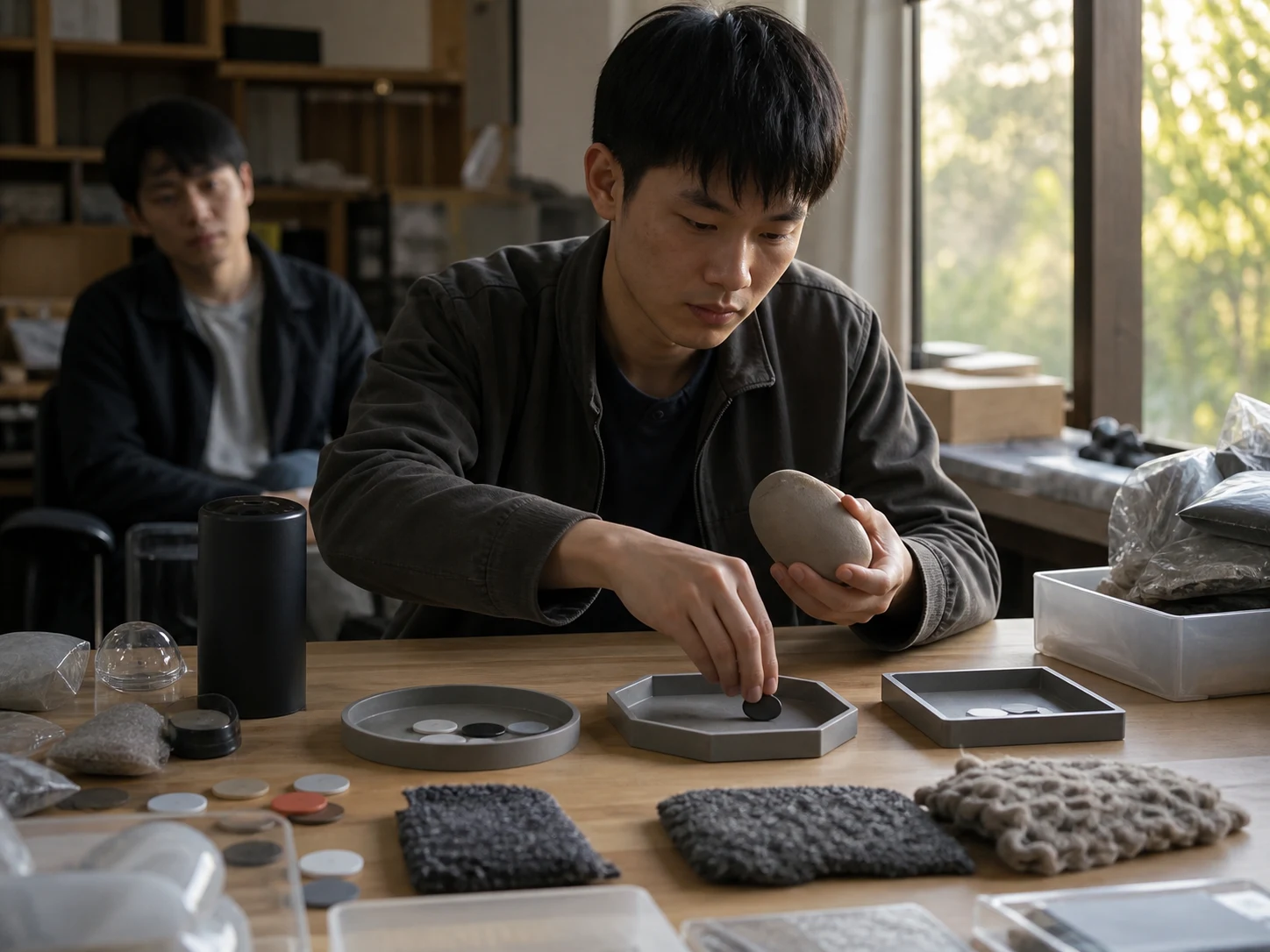 青年在工作台前对照样品和现场反馈,修改产品方案